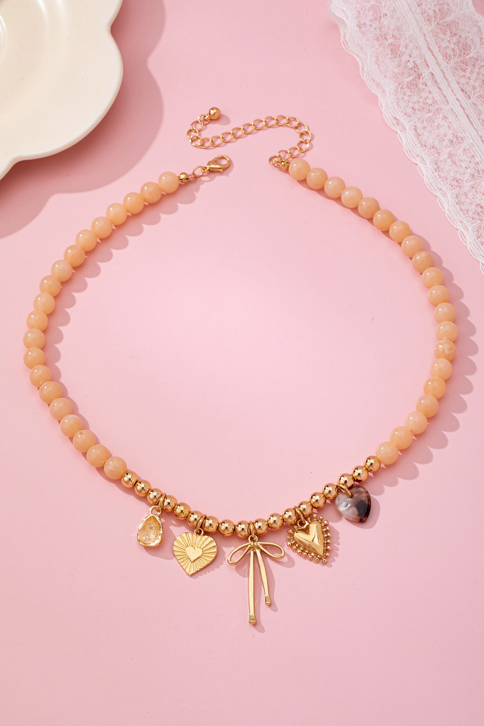 Beige Beaded Bow Heart Rhinestone Charm Necklace