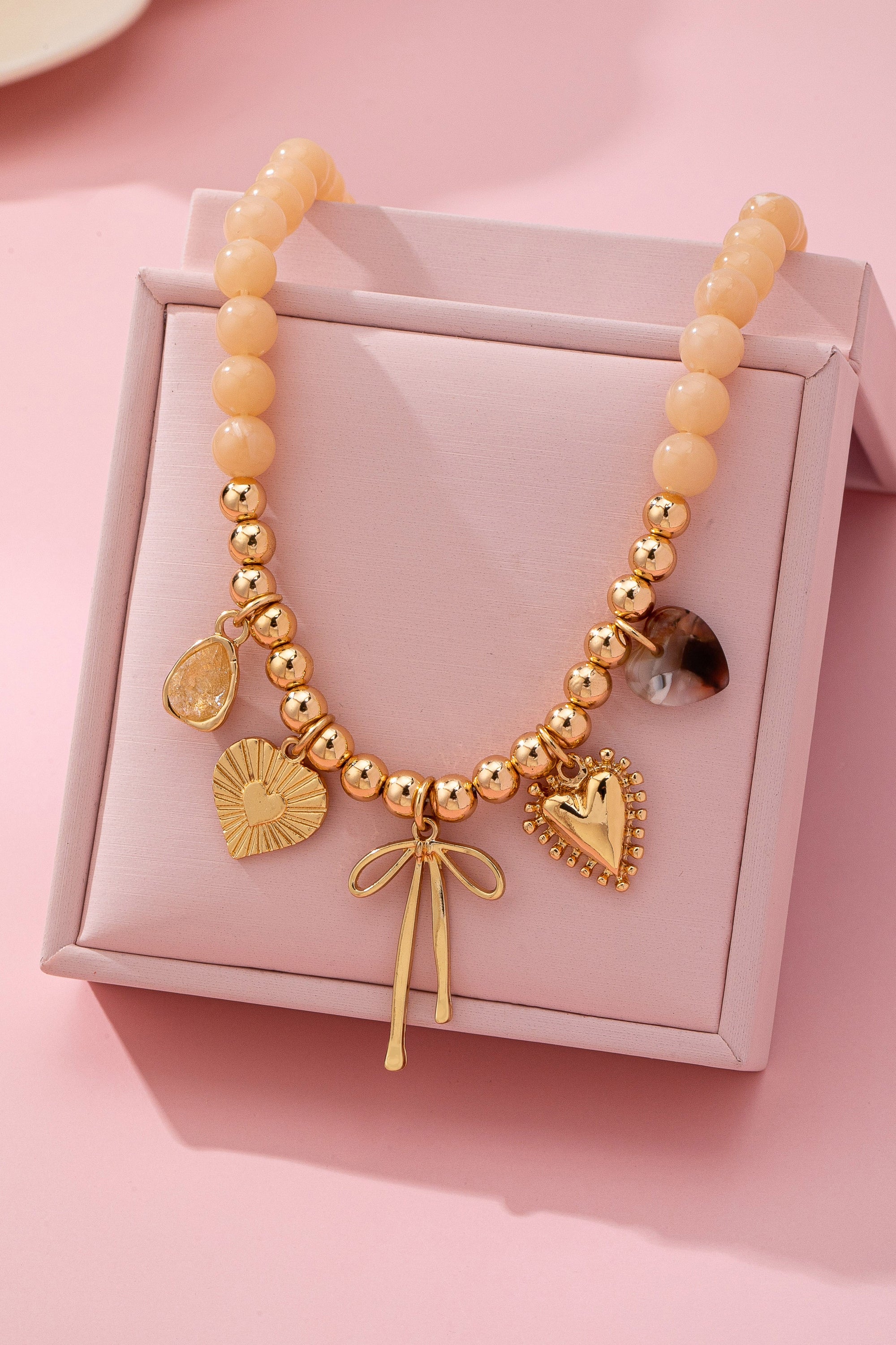 Beige Beaded Bow Heart Rhinestone Charm Necklace