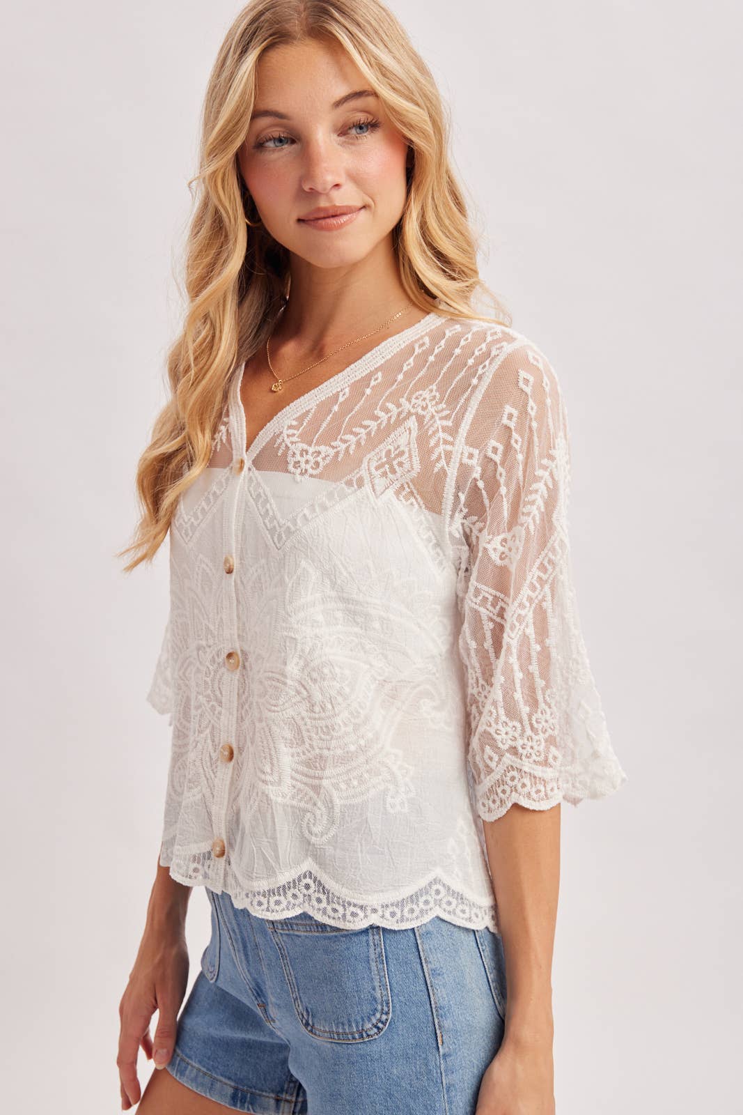 Sheer Embroidered Mesh Button Down Hem Blouse