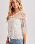 Sheer Embroidered Mesh Button Down Hem Blouse