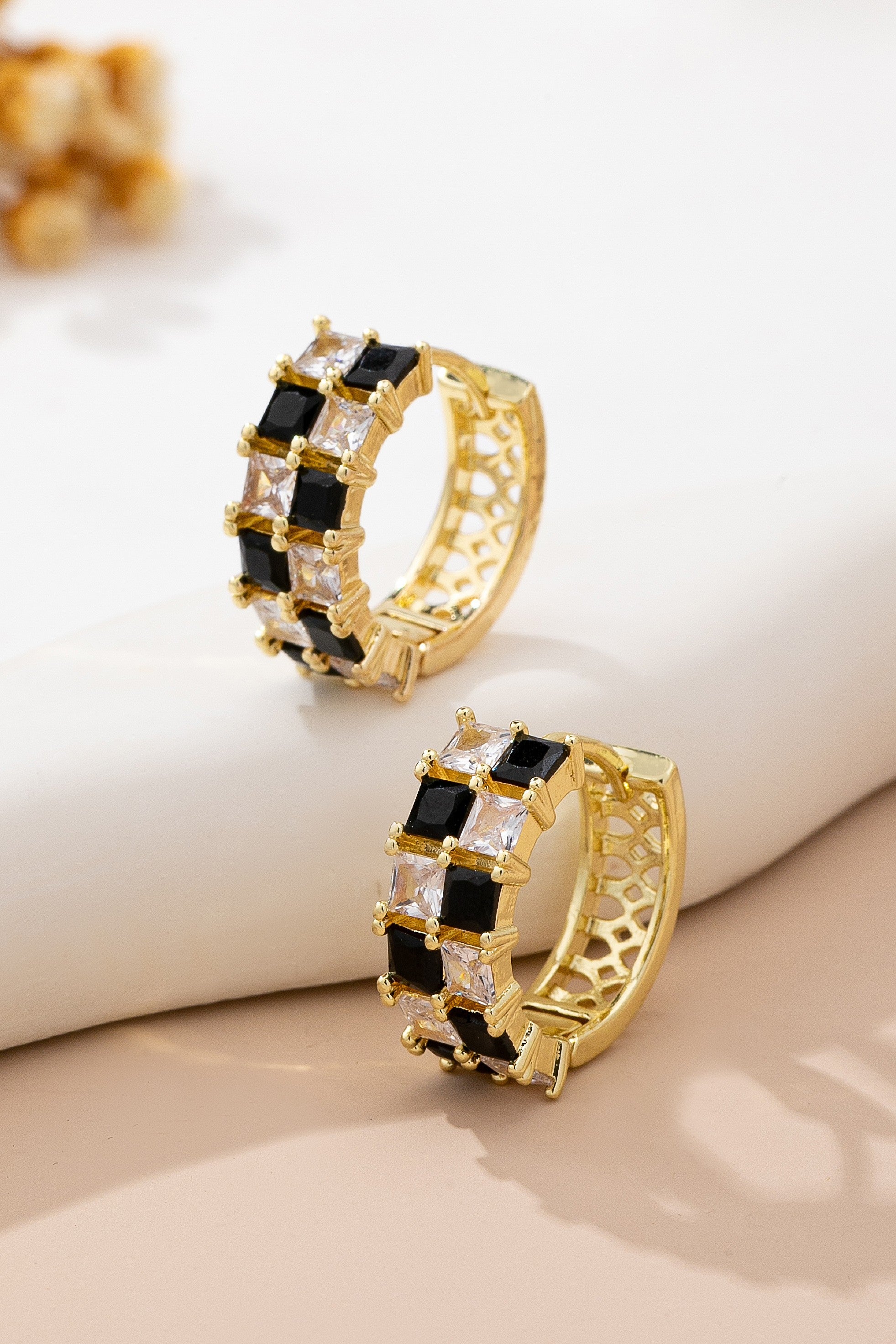 Checker Black &amp; Crystal Baguette Hoop Earrings