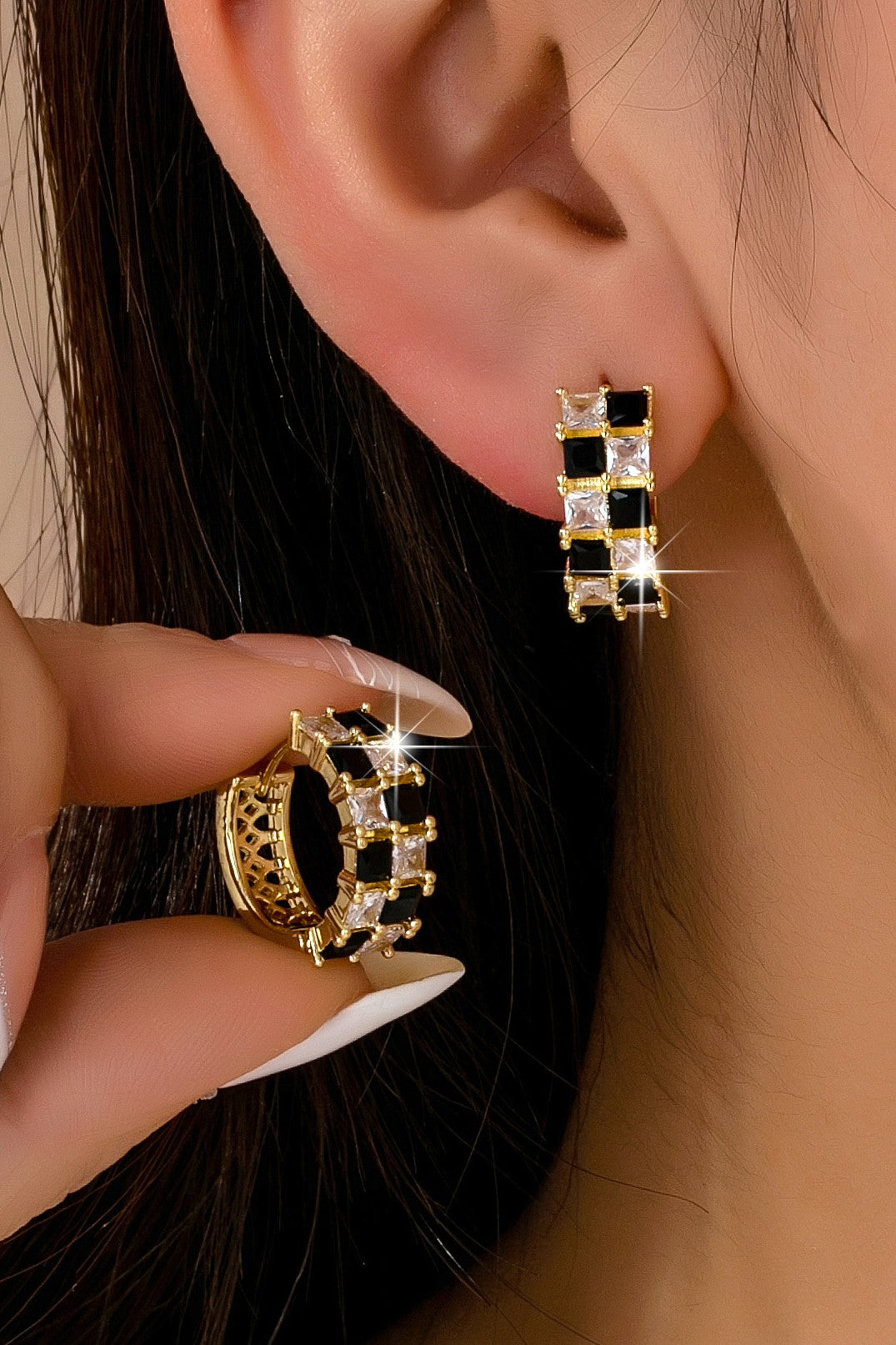 Checker Black &amp; Crystal Baguette Hoop Earrings