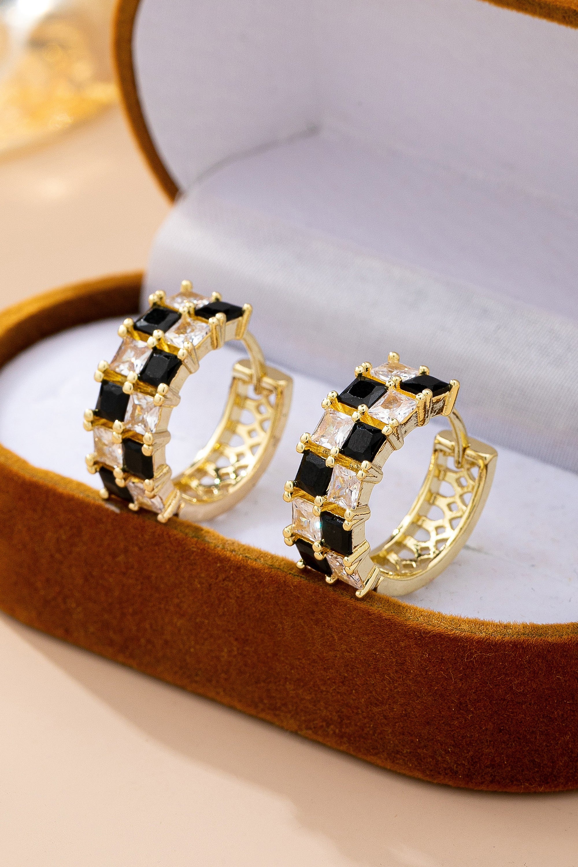 Checker Black &amp; Crystal Baguette Hoop Earrings