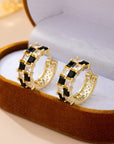 Checker Black & Crystal Baguette Hoop Earrings
