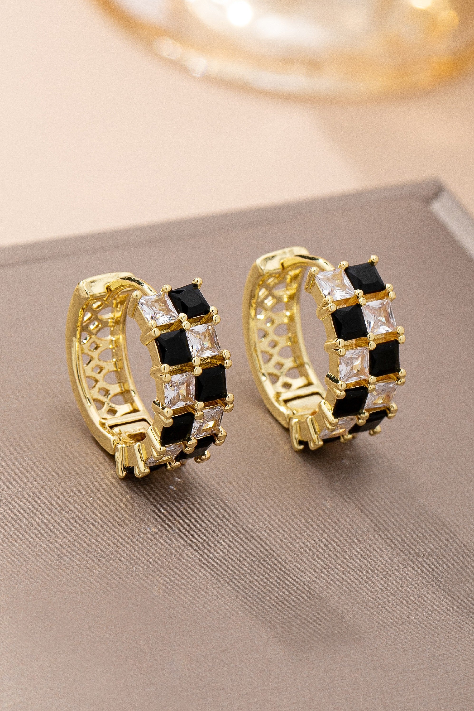 Checker Black &amp; Crystal Baguette Hoop Earrings