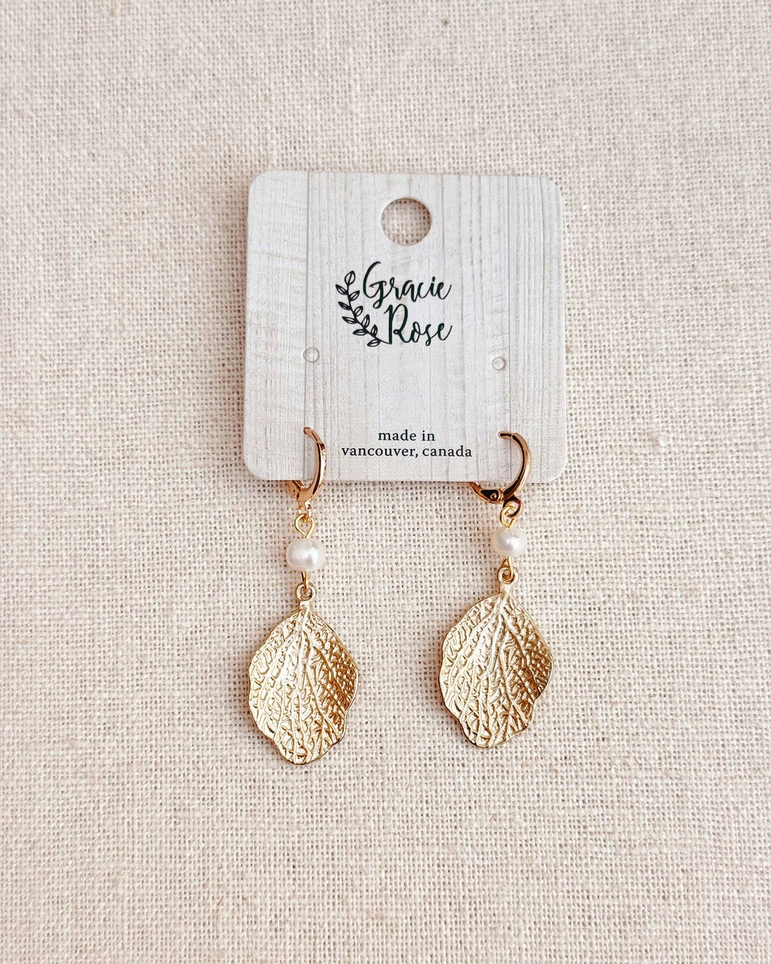 Matte Gold Pearl Leaf Drop Earrings