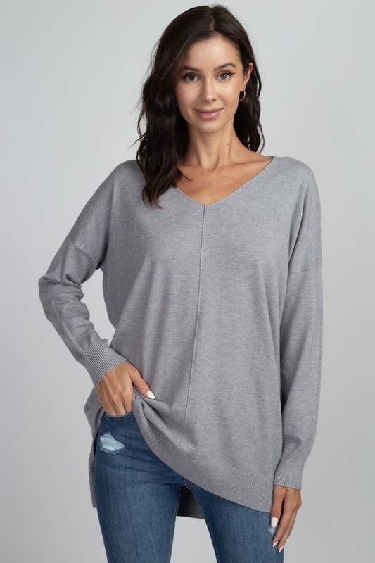 Long V-Neck Sweater With Front Seam