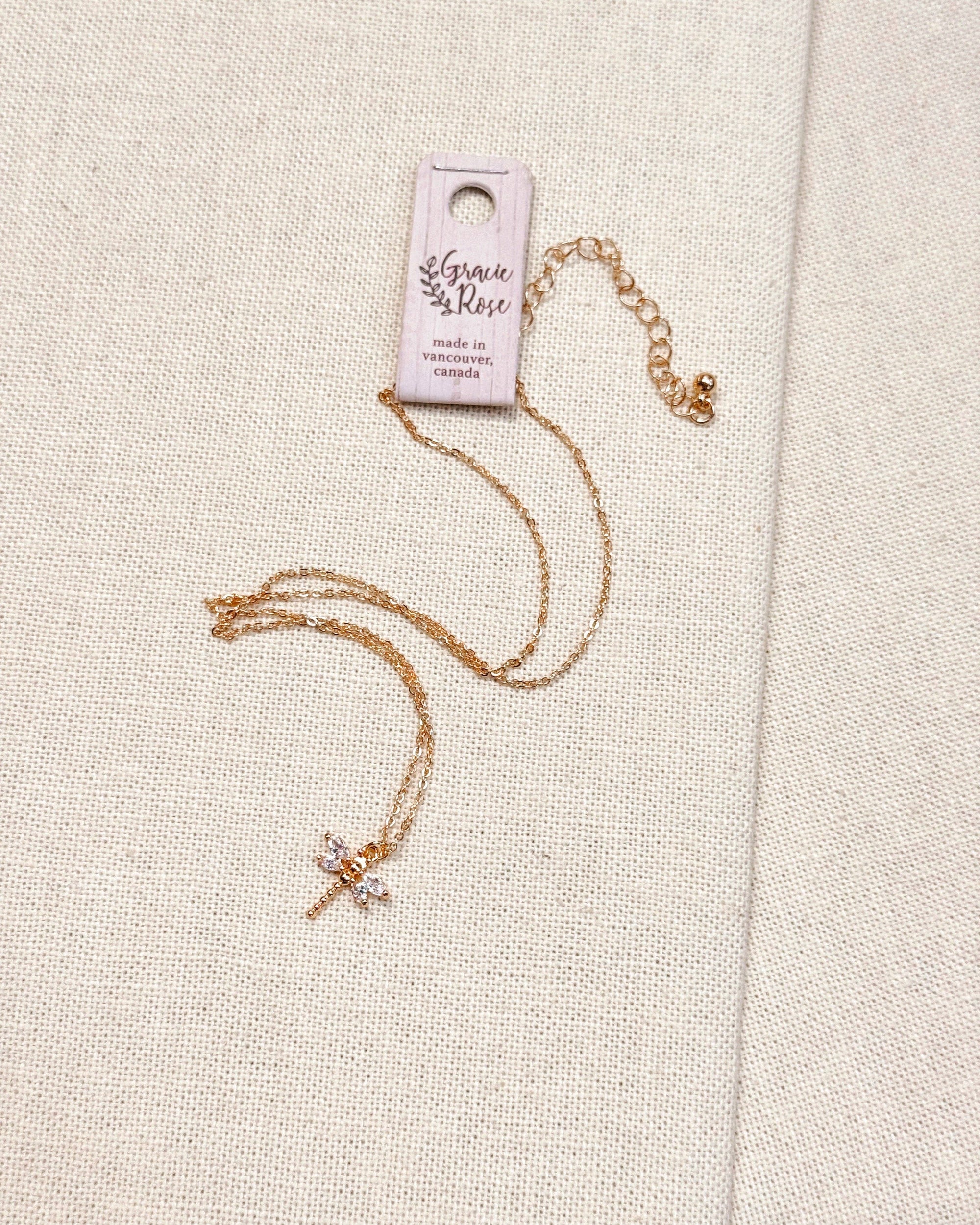 CZ Mini Dragonfly Charm Necklace Gold