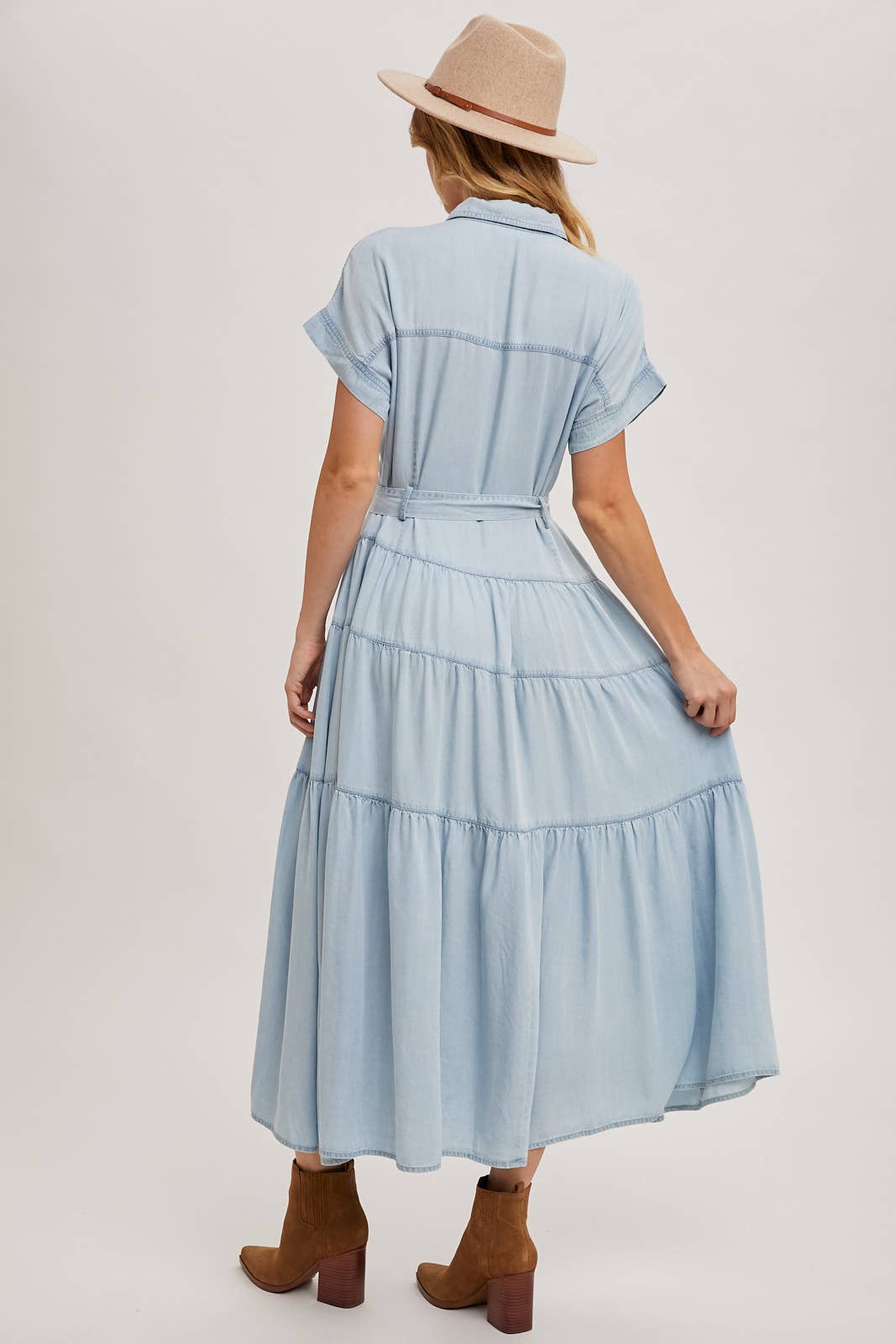 Button Front Short Sleeved Tiered Maxi Dress