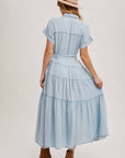 Button Front Short Sleeved Tiered Maxi Dress