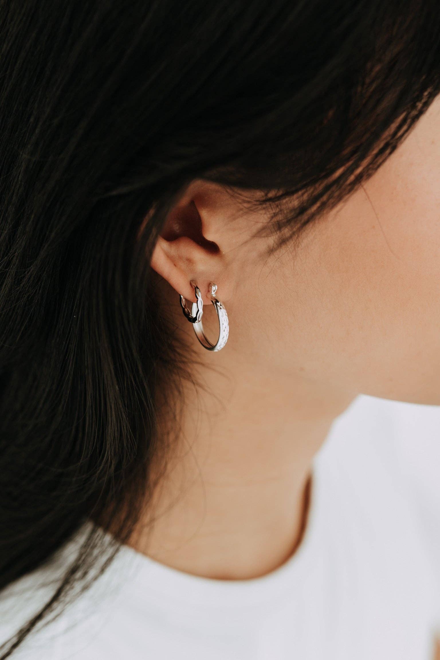 Sterling Silver Etched Hoops 15mm | Textured Shine