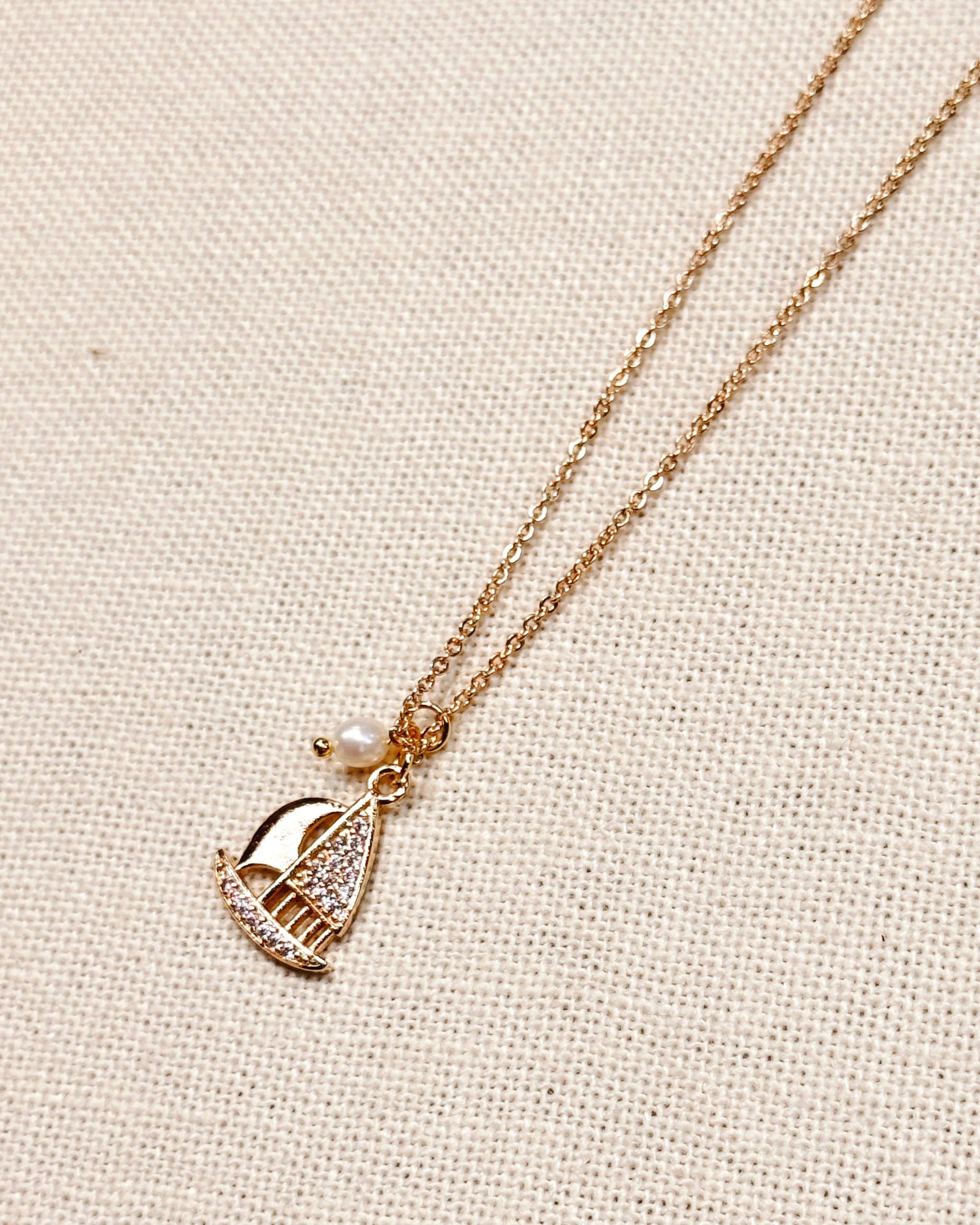 CZ Sailboat Charm Gold Necklace with Pearl