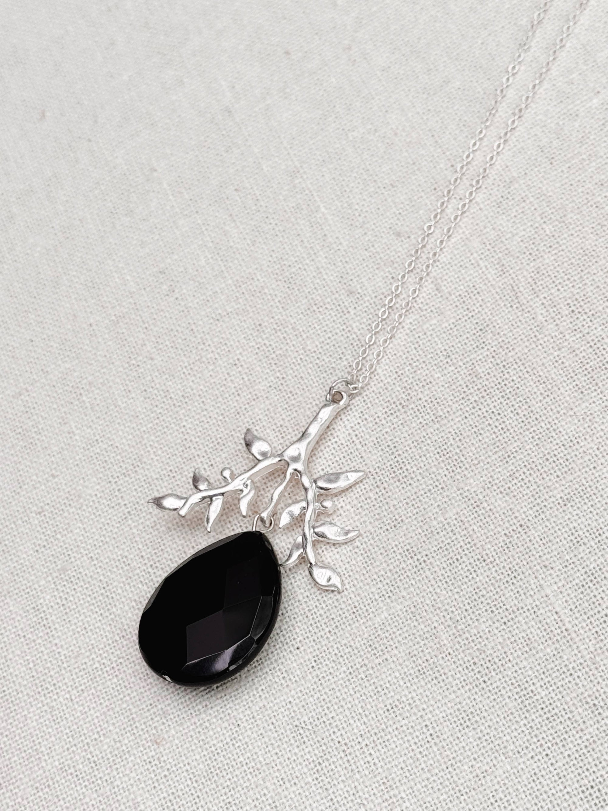 Matte Silver Branch Black Agate Teardrop Pendant Necklace
