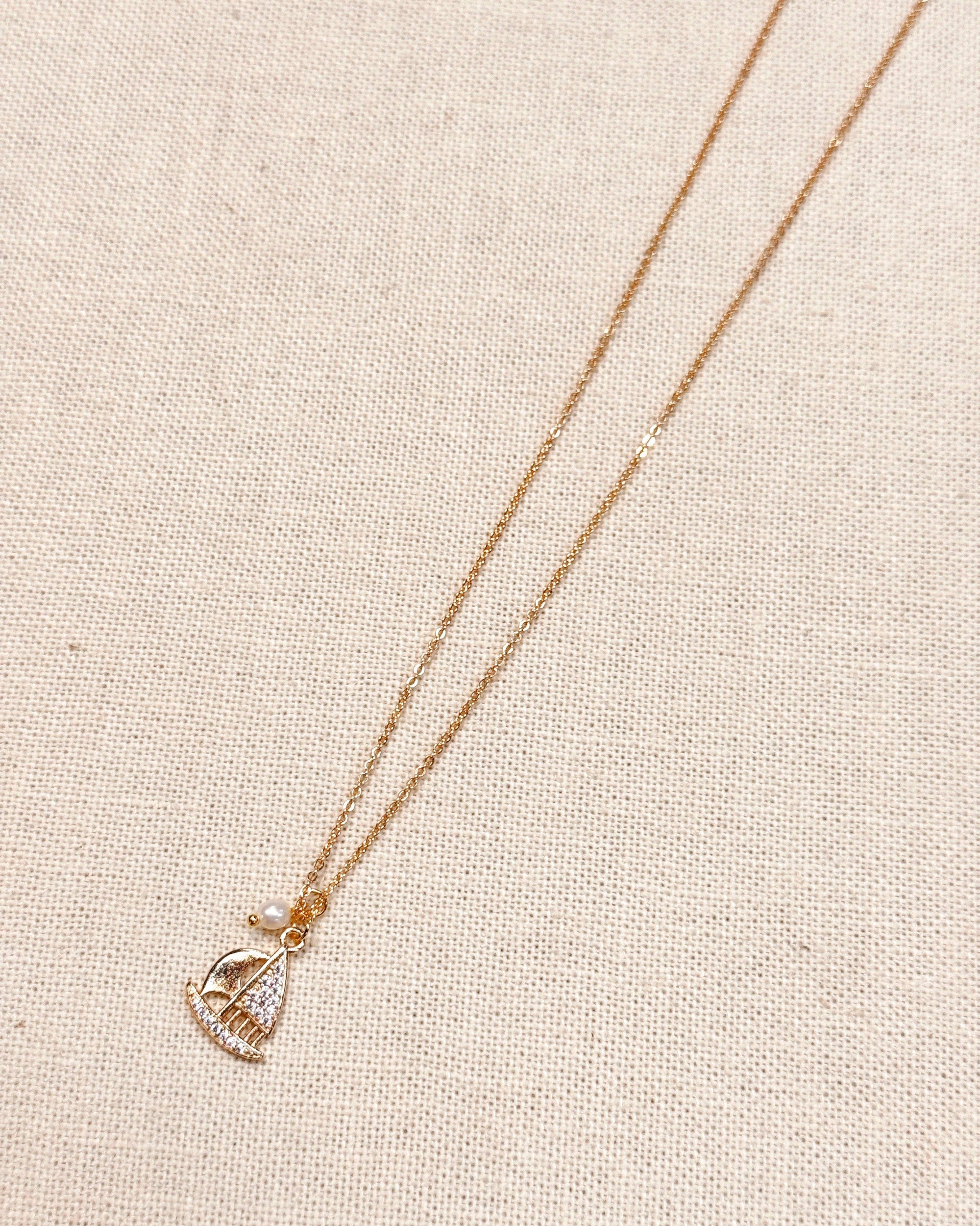 CZ Sailboat Charm Gold Necklace with Pearl