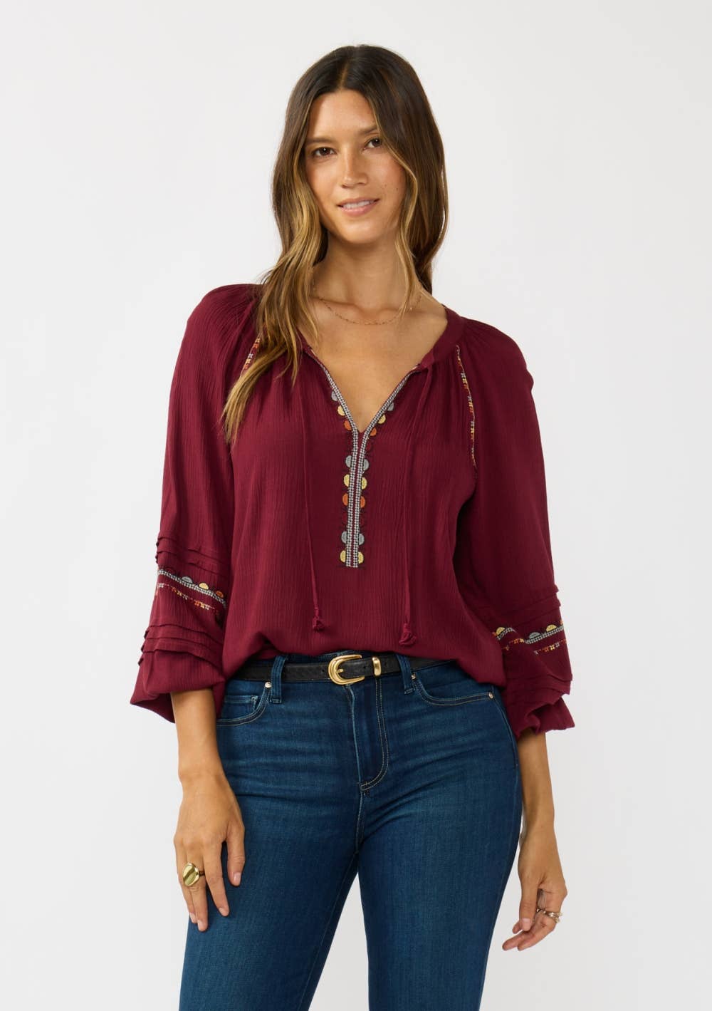Embroidered Raglan Split Neck Blouse