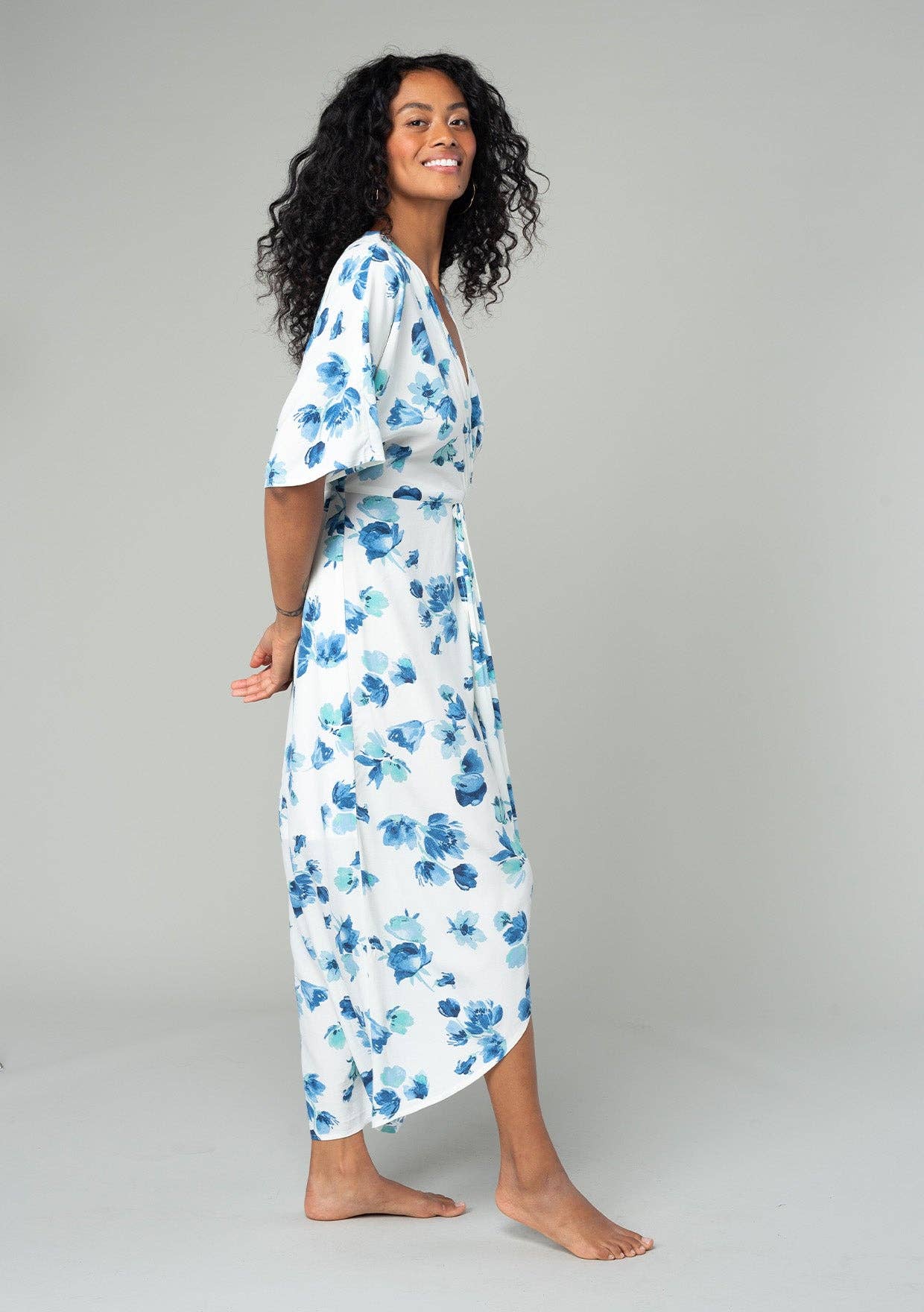 Floral Front Knot Kimono Sleeve Midi Dress