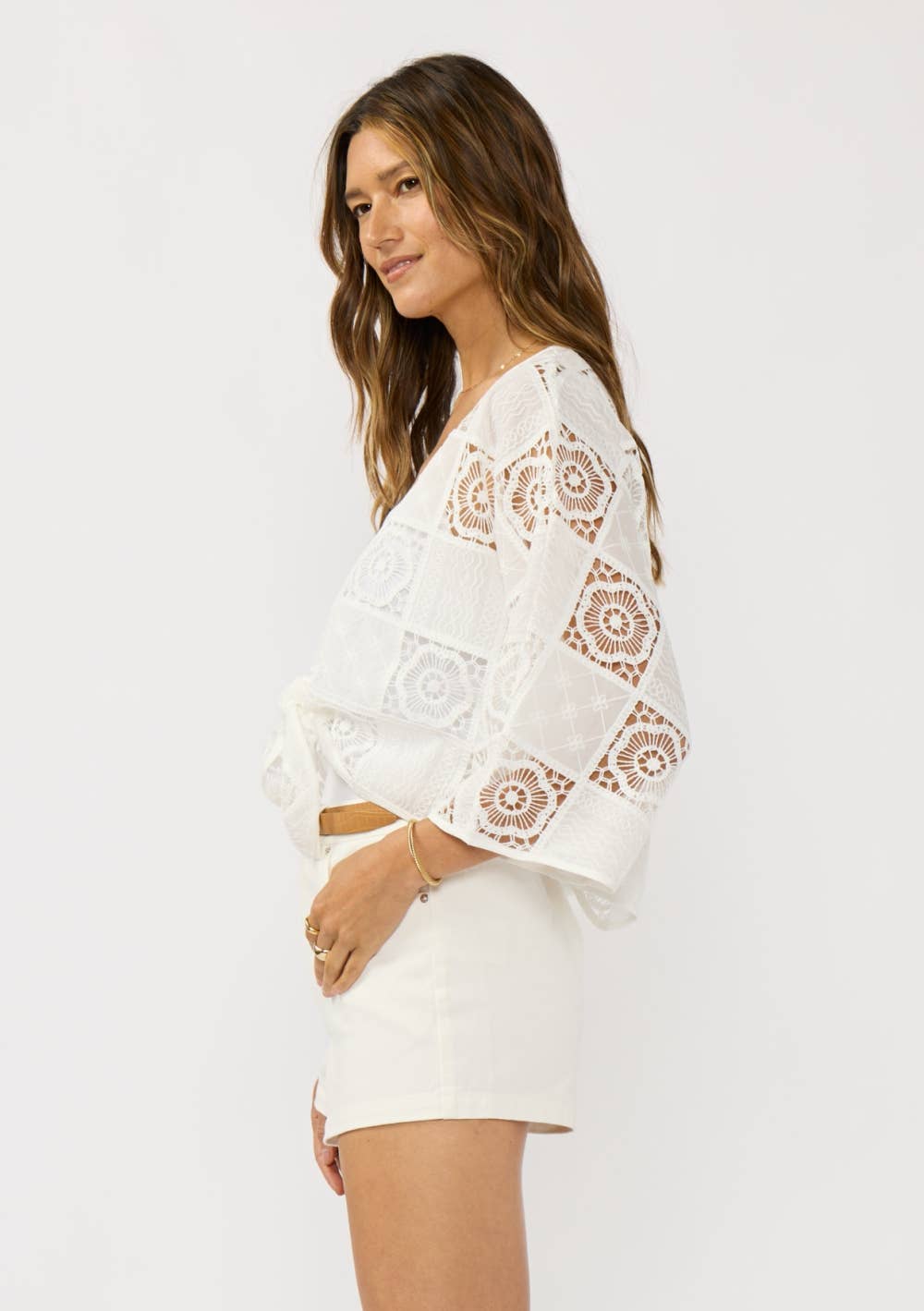 Dolman Sleeve Patchwork Tie Front Top