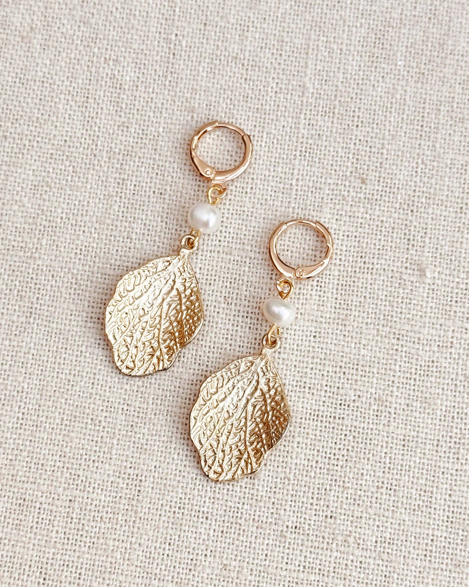 Matte Gold Pearl Leaf Drop Earrings