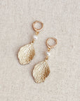 Matte Gold Pearl Leaf Drop Earrings