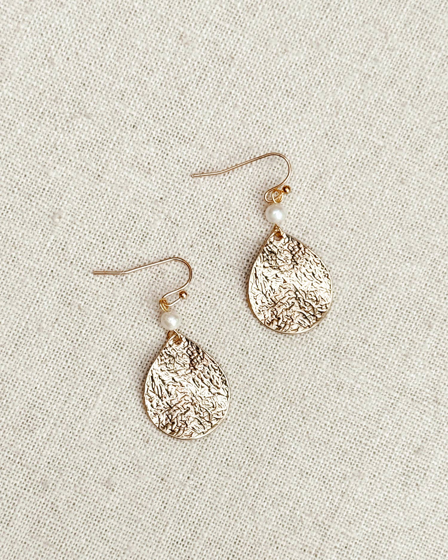 Hammered Teardrop &amp; Freshwater Pearl Dangle Earrings