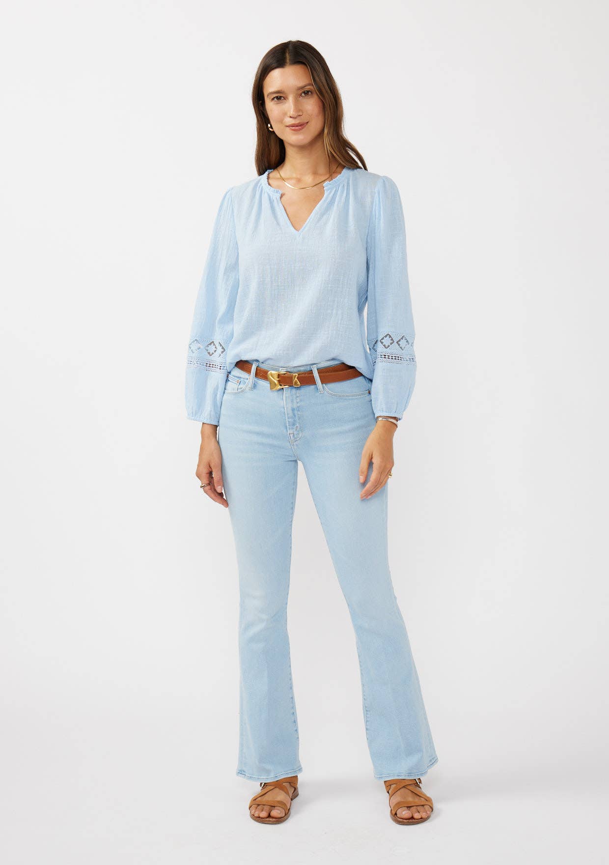 V-Neck Cotton Gauze Blouse with Lace Trim