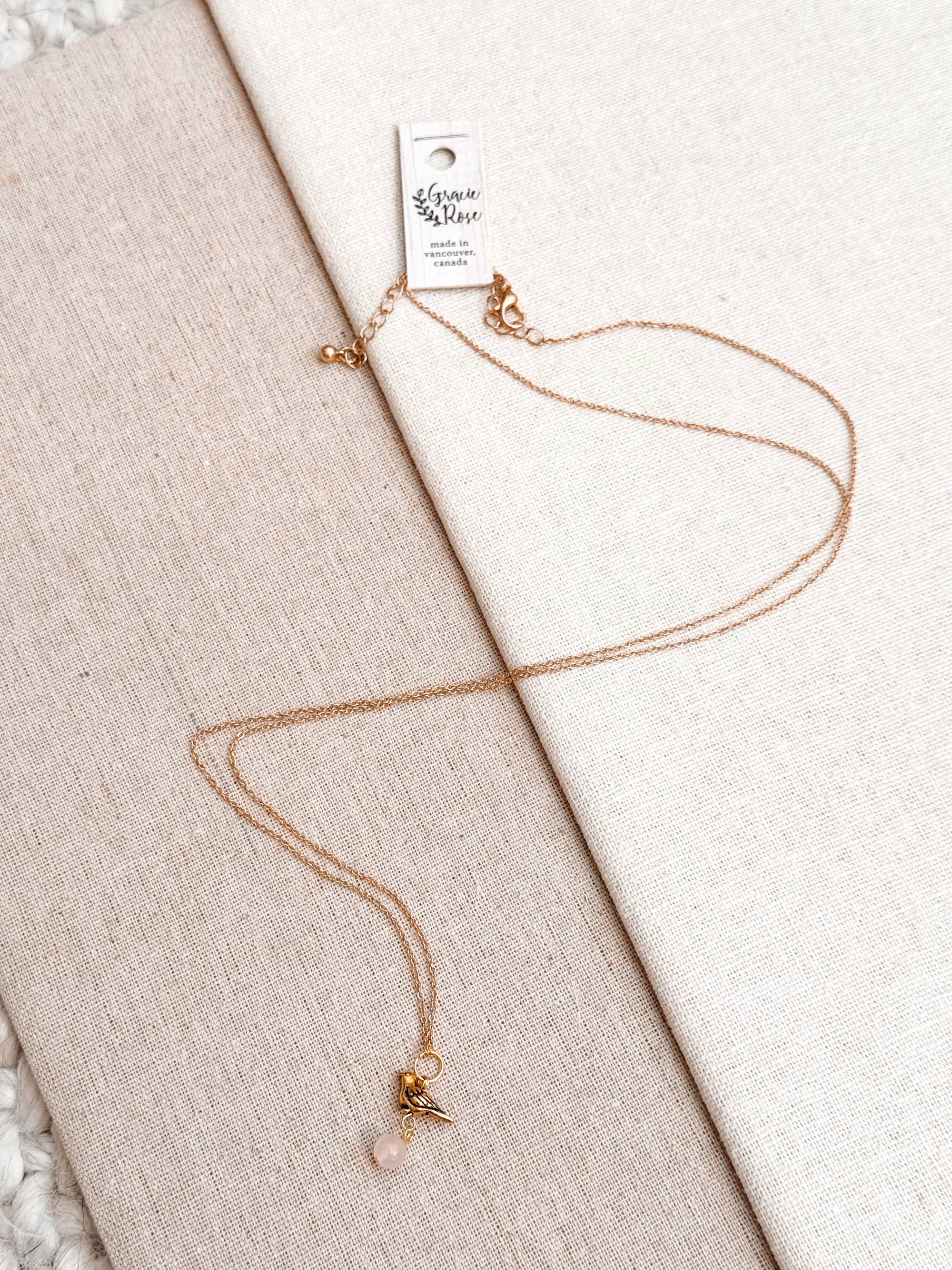 Cute Gold Rose Quartz Bird Charm Pendant Layering Necklace