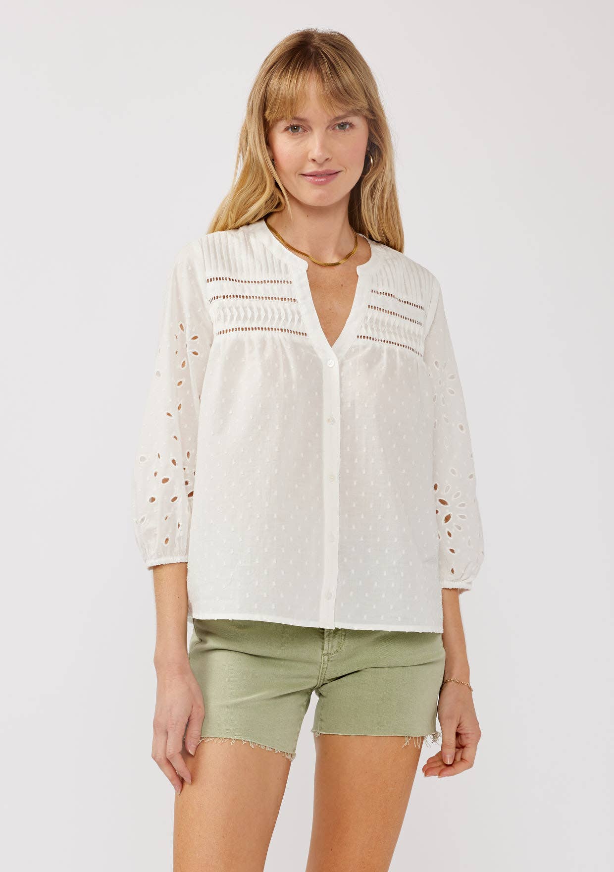 3/4 Sleeve Cotton Clip Dot Button-Down Blouse