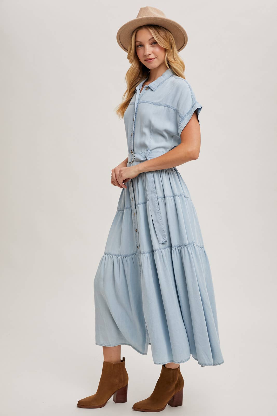 Button Front Short Sleeved Tiered Maxi Dress