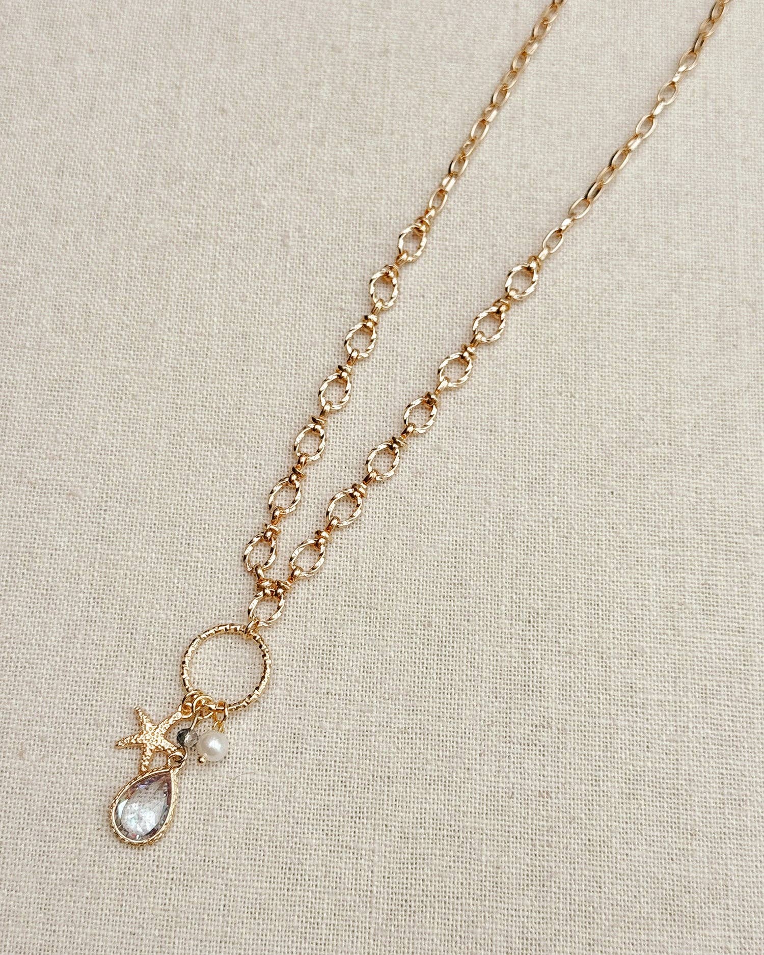 Cubic Zirconia Starfish &amp; Pearl Charm Gold Necklace