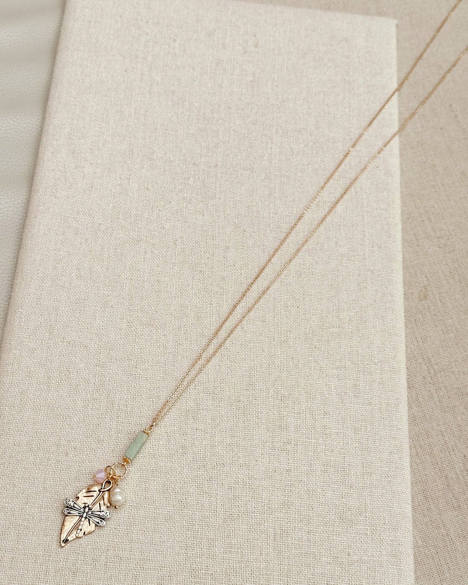 Gold Dragonfly Amazonite &amp; Crystal Pendant Necklace