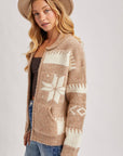 FAIR ISLE FUZZY KNIT FRONT ZIPPER CARDIGAN