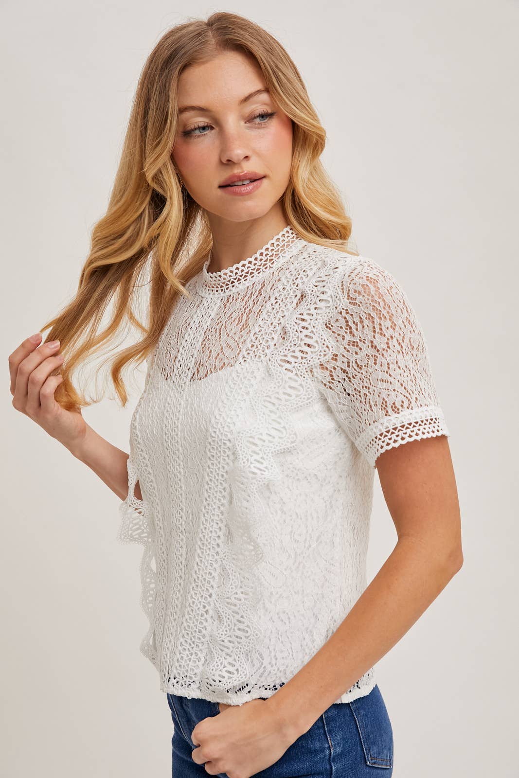 Mock Neck Button Back Lace Top With Lining