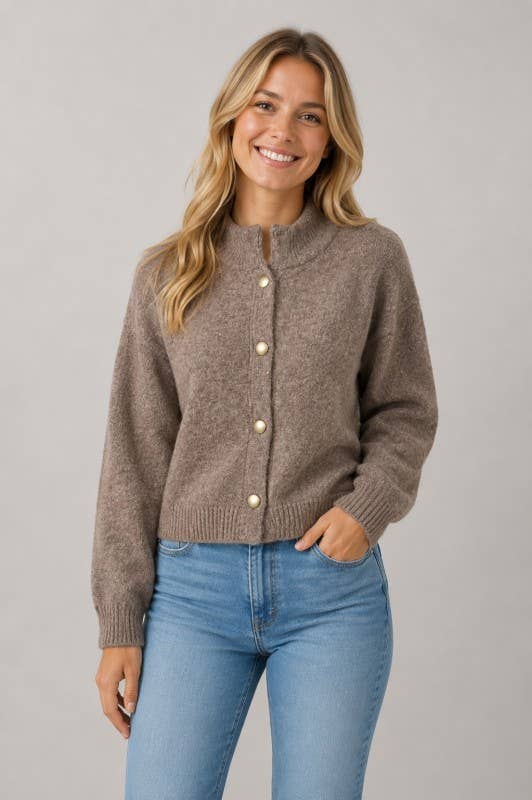 Mock-Neck Button-Up Cardigan