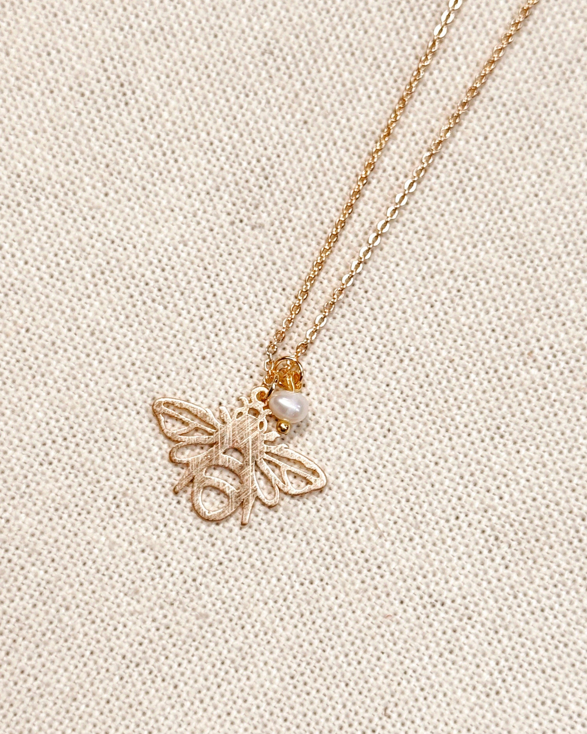 Textured Brass Bee Gold Charm Necklace