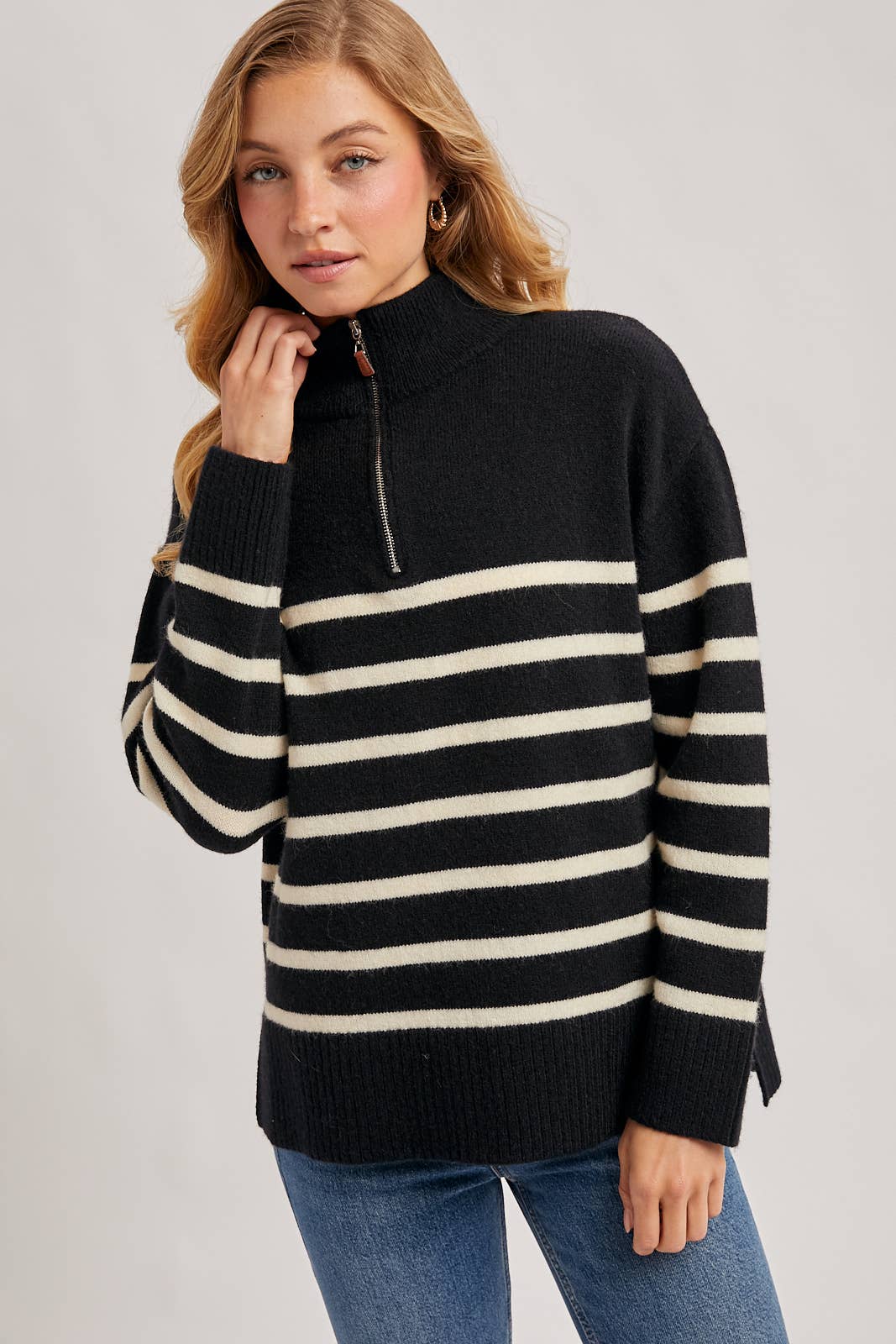 QUARTER ZIP UP STRIPE SWEATER PULLOVER