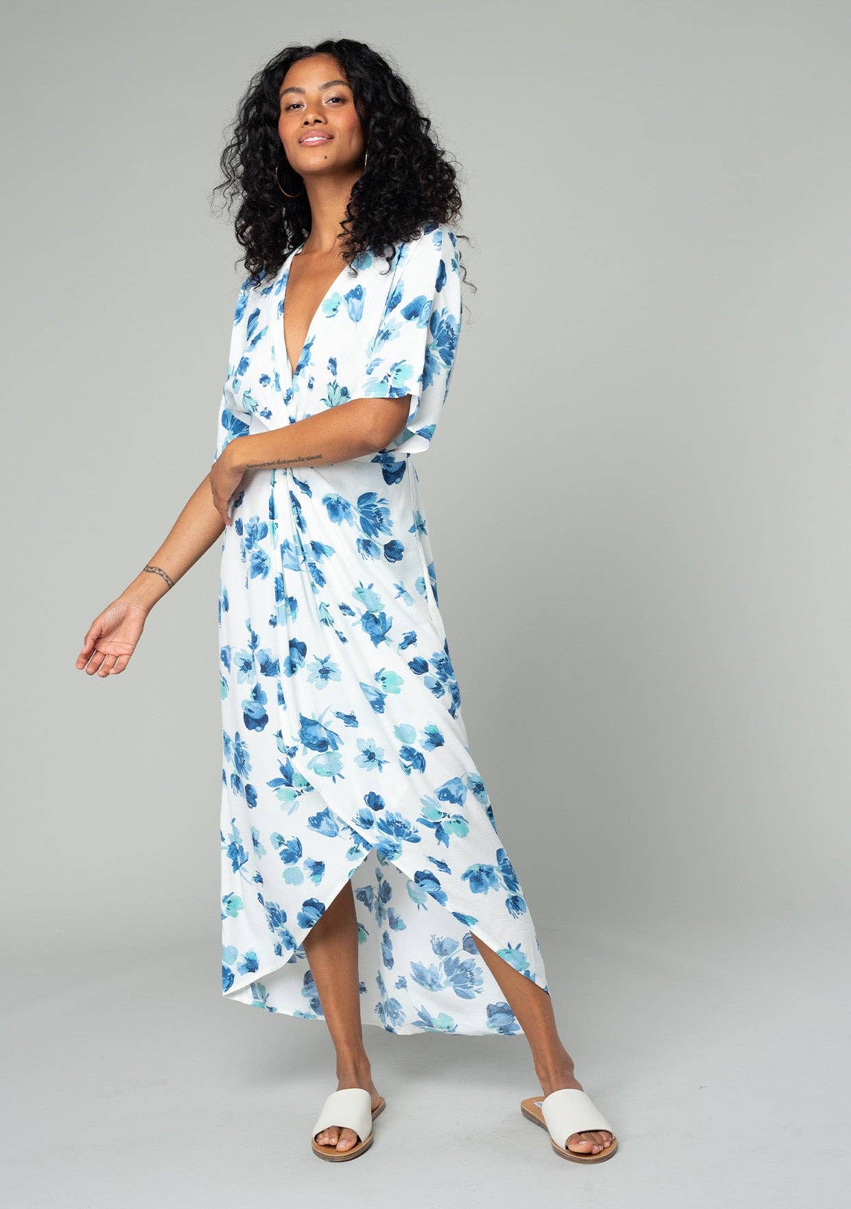 Floral Front Knot Kimono Sleeve Midi Dress