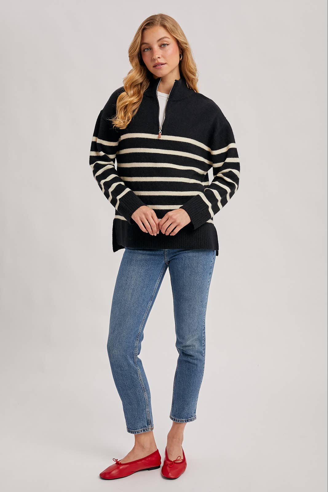 QUARTER ZIP UP STRIPE SWEATER PULLOVER