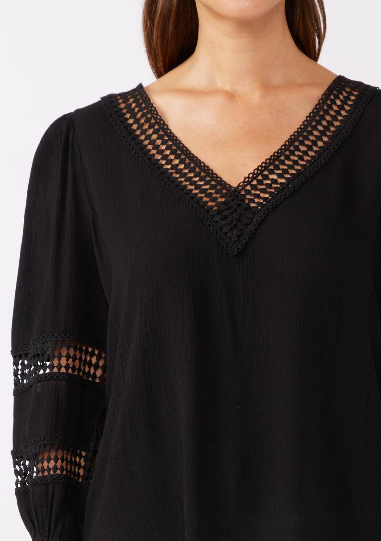 V-Neck Long Sleeve Blouse with Diamond Lace Trim