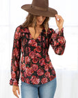 Rose Floral Print Clip Dot Long Sleeve Blouse