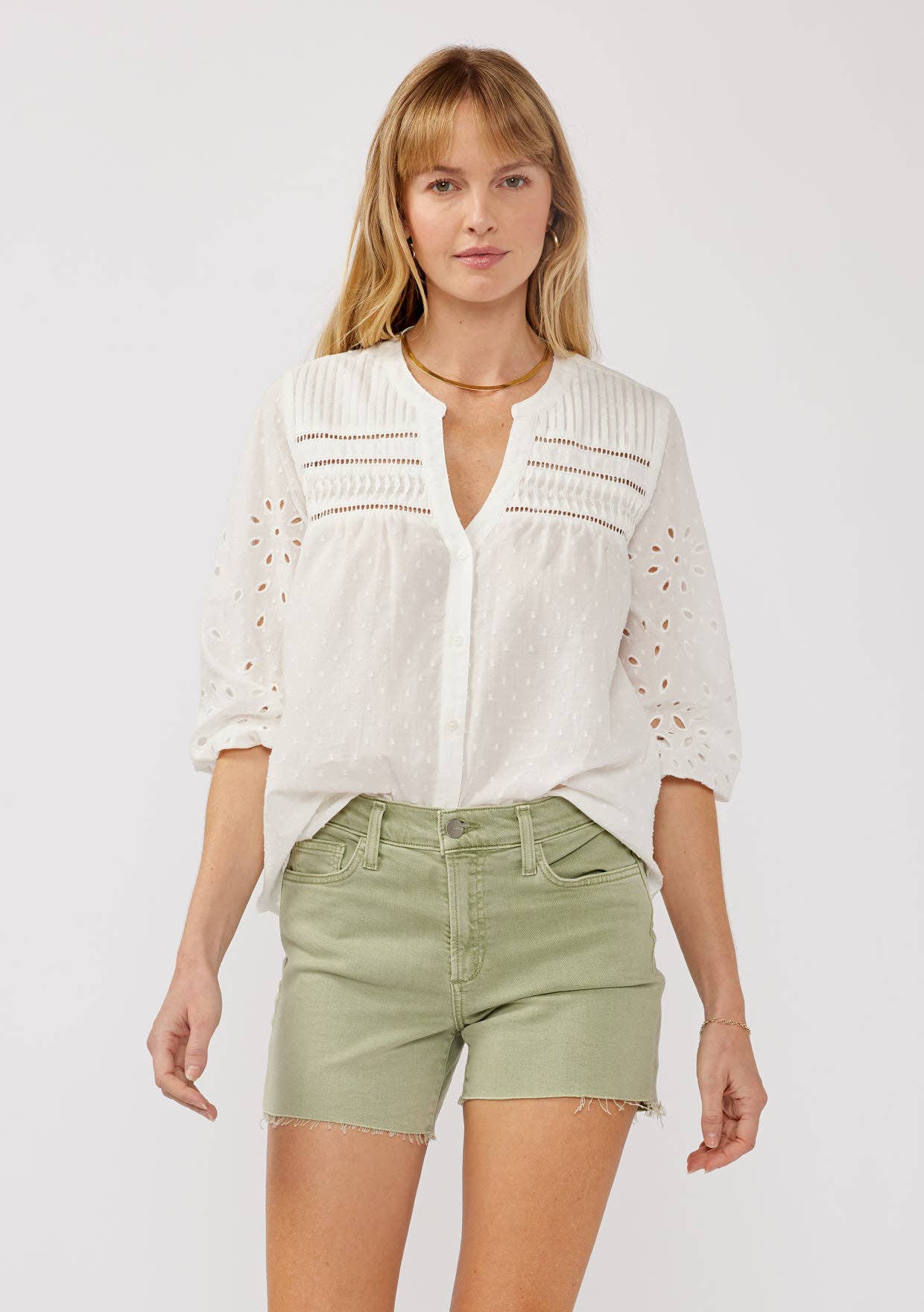 3/4 Sleeve Cotton Clip Dot Button-Down Blouse