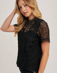 Mock Neck Button Back Lace Top With Lining