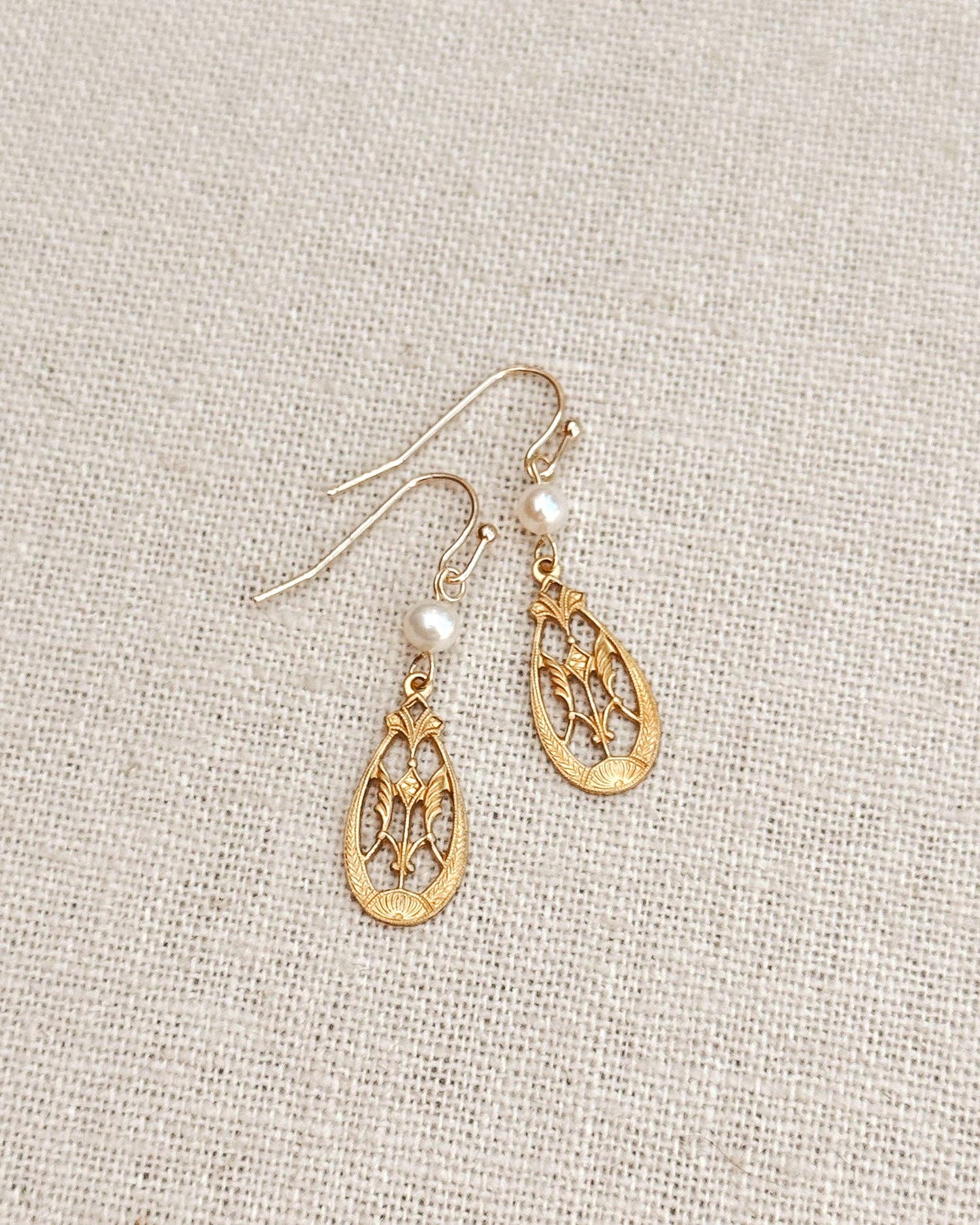 Brass Filigree Drop Earrings Gold Freshwater Pearl