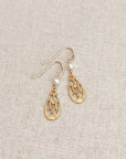 Brass Filigree Drop Earrings Gold Freshwater Pearl