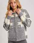FAIR ISLE FUZZY KNIT FRONT ZIPPER CARDIGAN