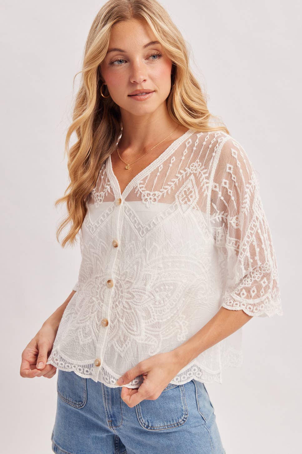 Sheer Embroidered Mesh Button Down Hem Blouse