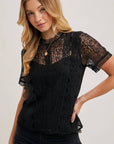 Mock Neck Button Back Lace Top With Lining