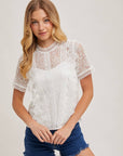 Mock Neck Button Back Lace Top With Lining