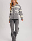 FAIR ISLE FUZZY KNIT FRONT ZIPPER CARDIGAN