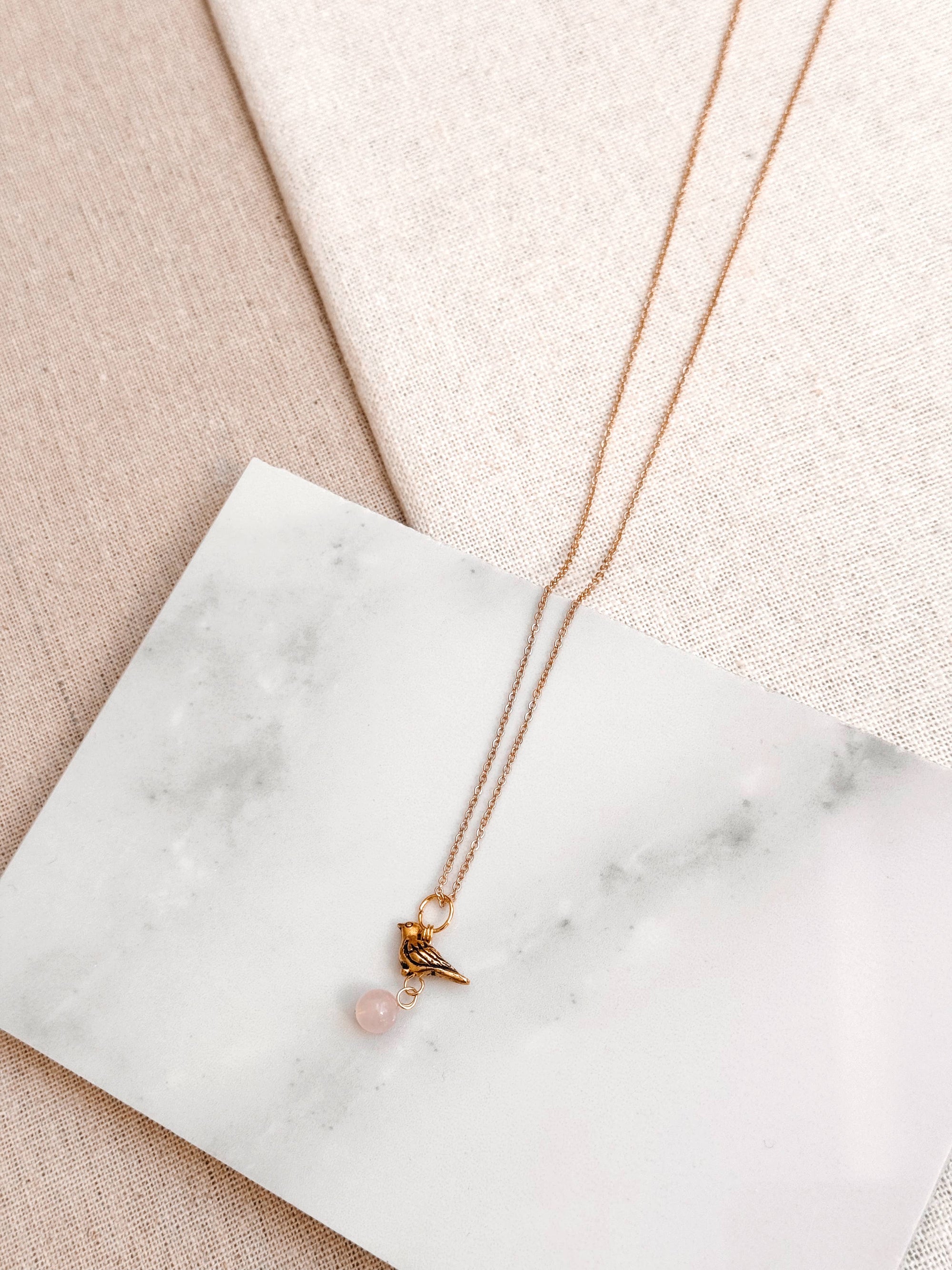 Cute Gold Rose Quartz Bird Charm Pendant Layering Necklace