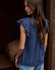 Woven Cotton Linen Button V-Neck Short Sleeve Top